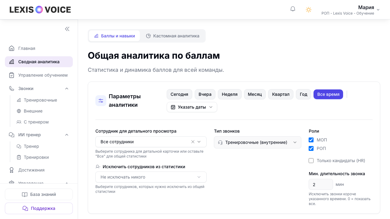 Сводная аналитика по баллам — фильтры периода, типа звонков и ролей